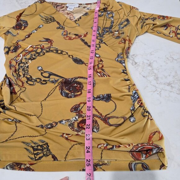 Carmen Marc Valvo Top Size Large Equestrian Chain Print Faux Wrap Yellow Knit - Picture 8 of 8